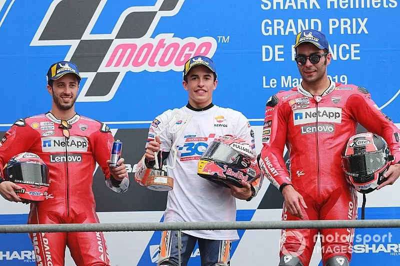 Race winner Marc Marquez, Repsol Honda Team, second place Andrea Dovizioso, Ducati Team, third place Danilo Petrucci, Ducati Team