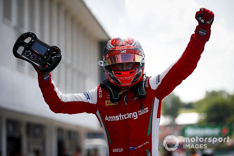 Race winner Marcus Armstrong, PREMA Racing celebrates in parc ferme