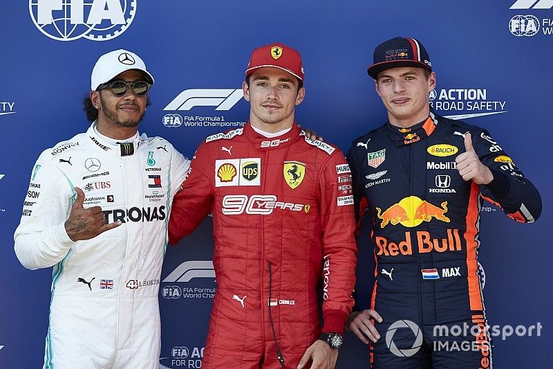 Top three Qualifiers Lewis Hamilton, Mercedes AMG F1, Pole sitter Charles Leclerc, Ferrari, and Max Verstappen, Red Bull Racing