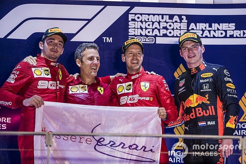 Charles Leclerc, Ferrari, Race winner Sebastian Vettel, Ferrari and Max Verstappen, Red Bull Racing on the podium