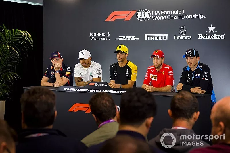 Max Verstappen, Red Bull Racing, Lewis Hamilton, Mercedes AMG F1, Daniel Ricciardo, Renault F1 Team, Sebastian Vettel, Ferrari and Robert Kubica, Williams Racing during Press Conference 