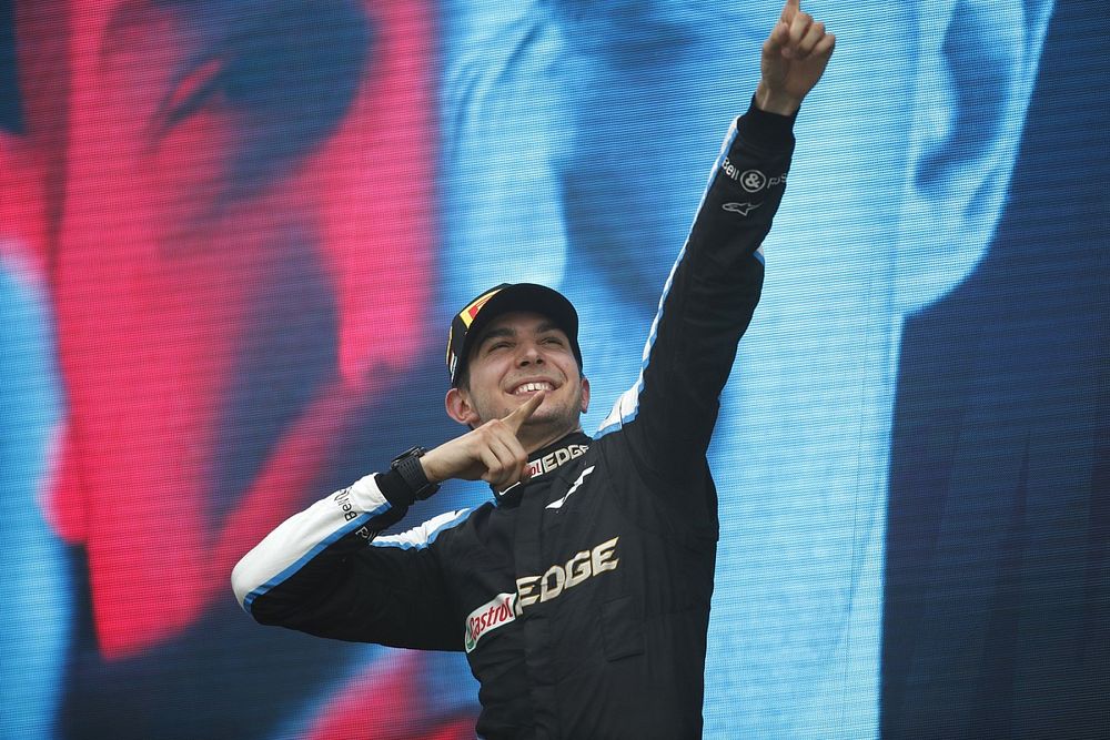 Esteban Ocon, Alpine F1, 1st position, celebrates on the podium