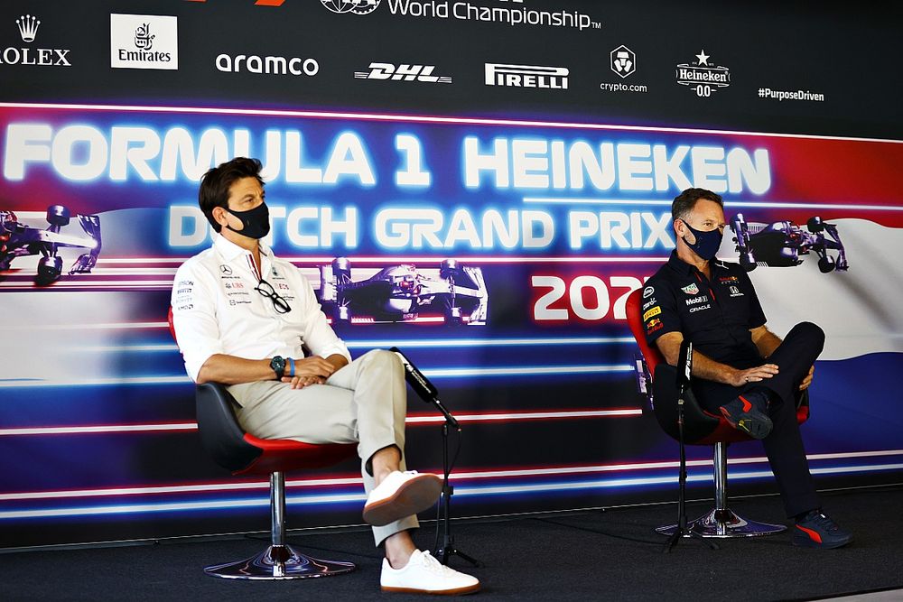 Toto Wolff, Team Principal and CEO, Mercedes AMG, and Christian Horner, Team Principal, Red Bull Racing, in the team principals Press Conference