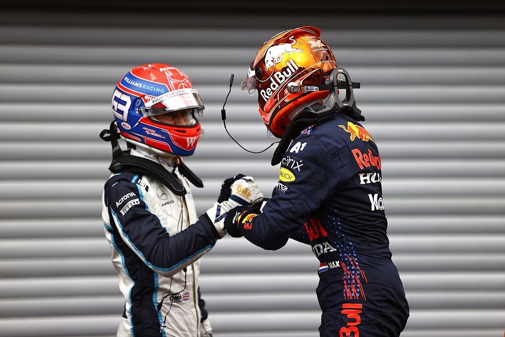 Front row starters George Russell, Williams, and pole man Max Verstappen, Red Bull Racing, congratulate each other in Parc Ferme