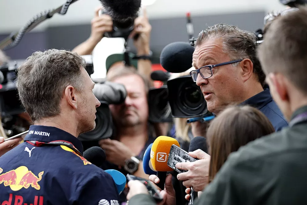 Christian Horner, Team Principal, Red Bull Racing talks to the press 