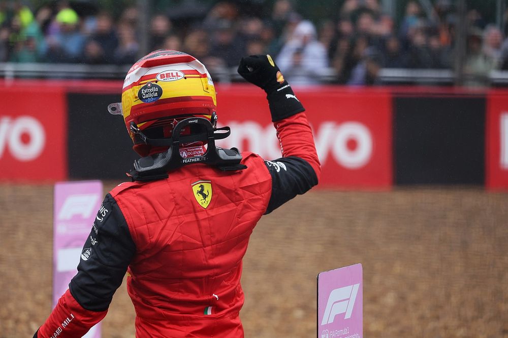 Pole position winner Carlos Sainz, Ferrari, celebrates in Parc Ferme 