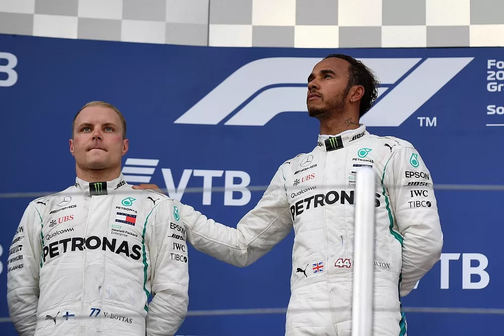 Lewis Hamilton, Mercedes AMG F1 and Valtteri Bottas, Mercedes AMG F1 on the podium