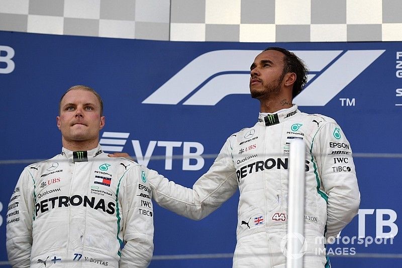 Lewis Hamilton, Mercedes AMG F1 and Valtteri Bottas, Mercedes AMG F1 on the podium