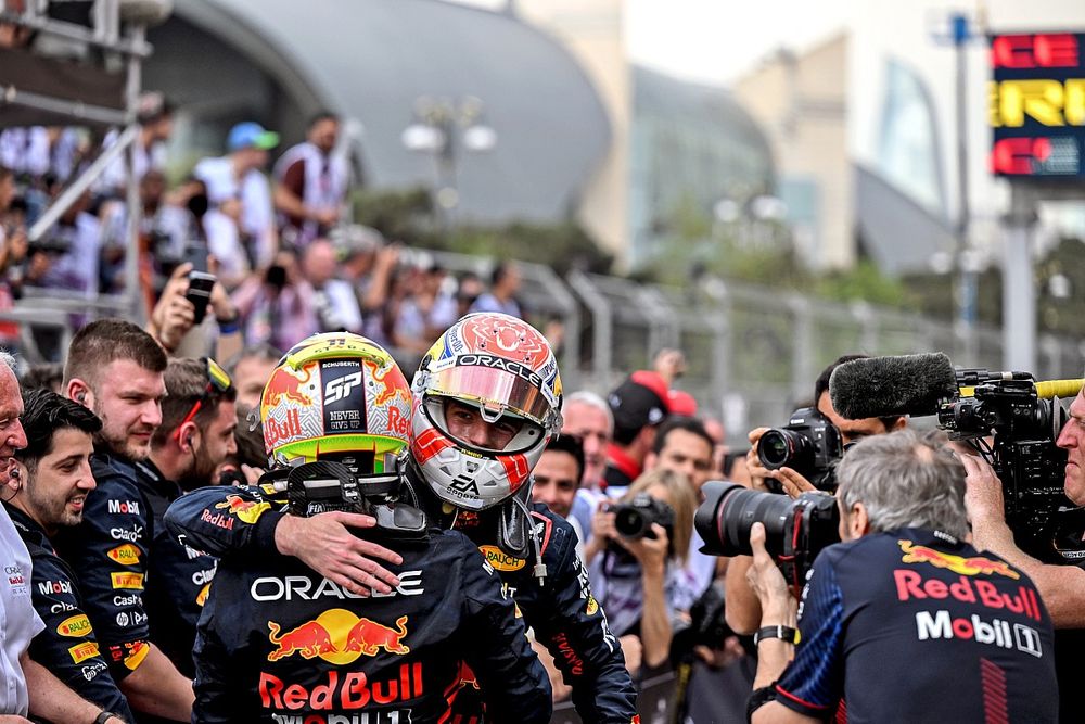 Sergio Perez, Red Bull Racing, 1st position, Max Verstappen, Red Bull Racing, 2nd position, congratulate each other in Parc Ferme