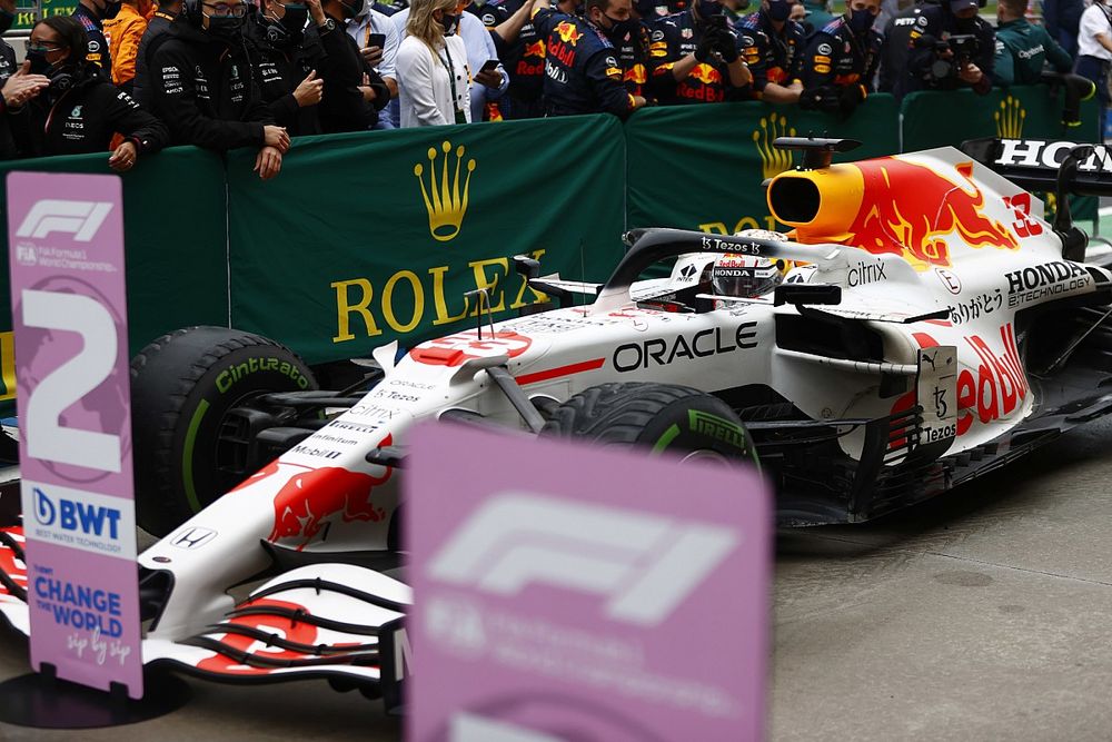 Max Verstappen, Red Bull Racing RB16B, 2nd position, arrives in Parc Ferme