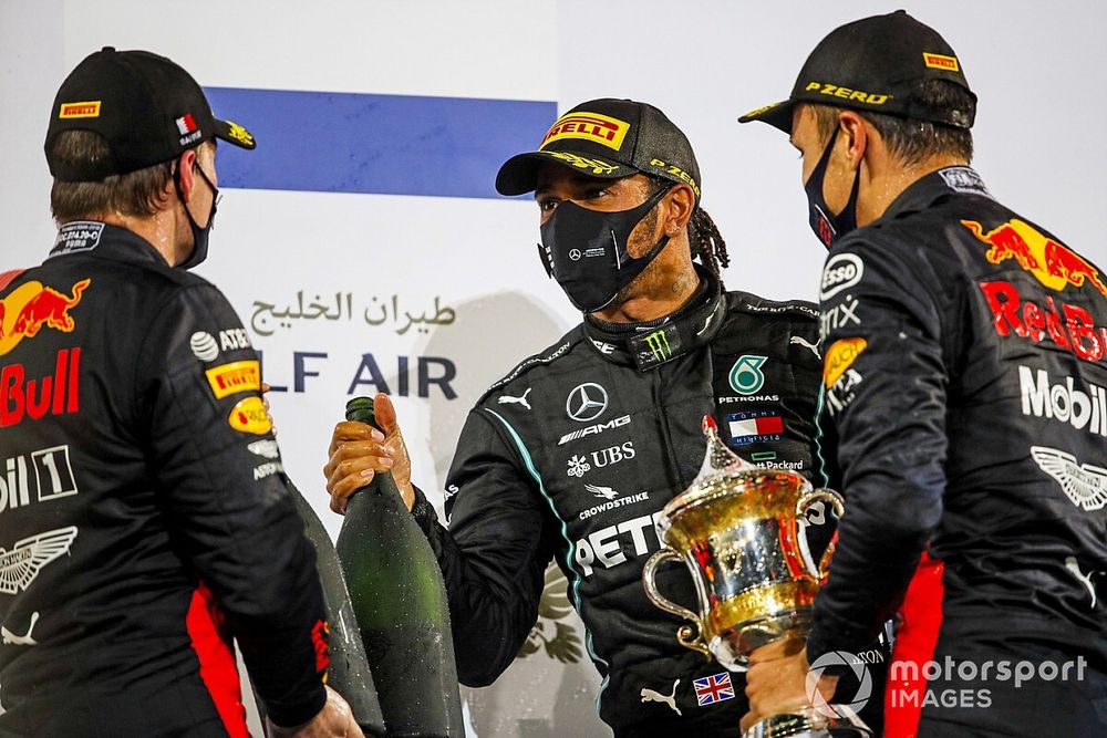 Max Verstappen, Red Bull Racing, Race Winner Lewis Hamilton, Mercedes-AMG F1 and Alex Albon, Red Bull Racing celebrate on the podium