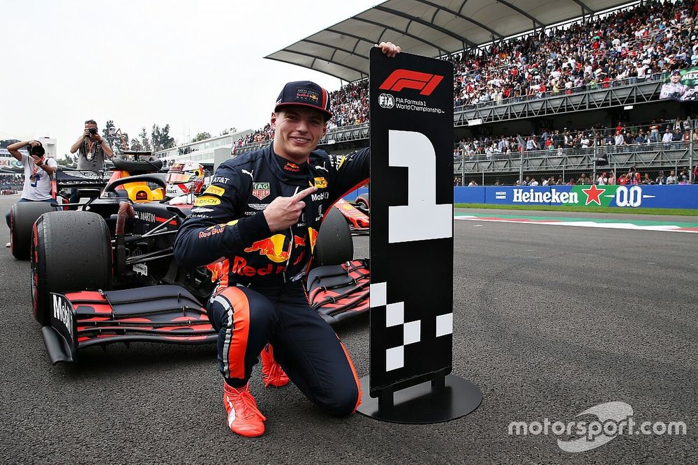 Max Verstappen celebrates pole-position in Mexico, before receiving a grid penalty.