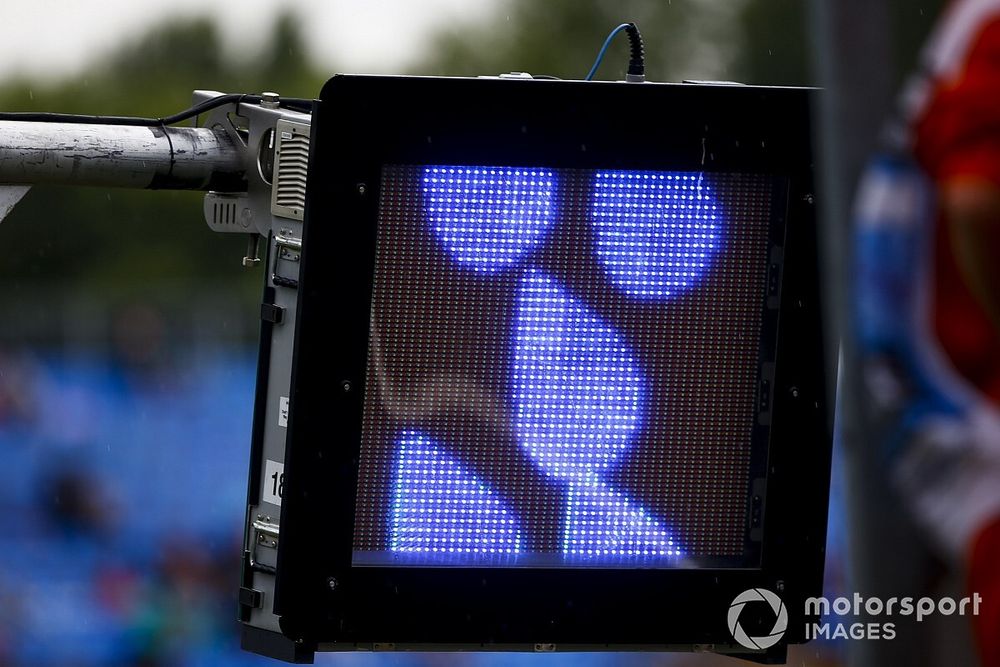 A trackside display indicates rain