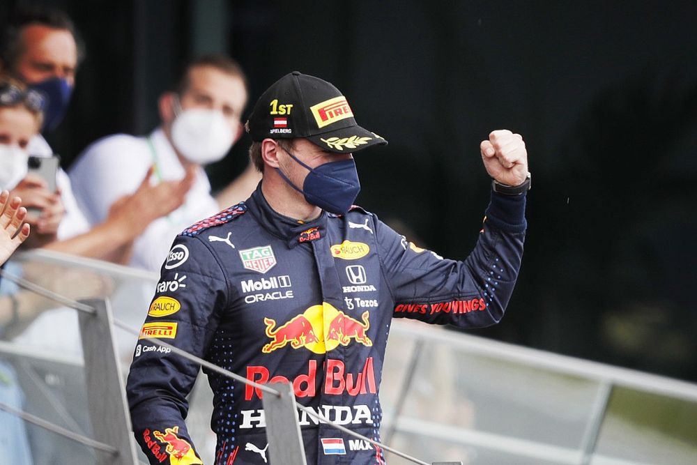 Max Verstappen, Red Bull Racing, 1st position, arrives on the podium