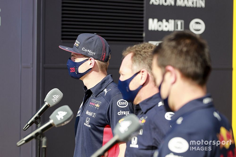 Max Verstappen, Red Bull Racing, Christian Horner, Team Principal, Red Bull Racing and Alex Albon, Red Bull Racing speaks to the media