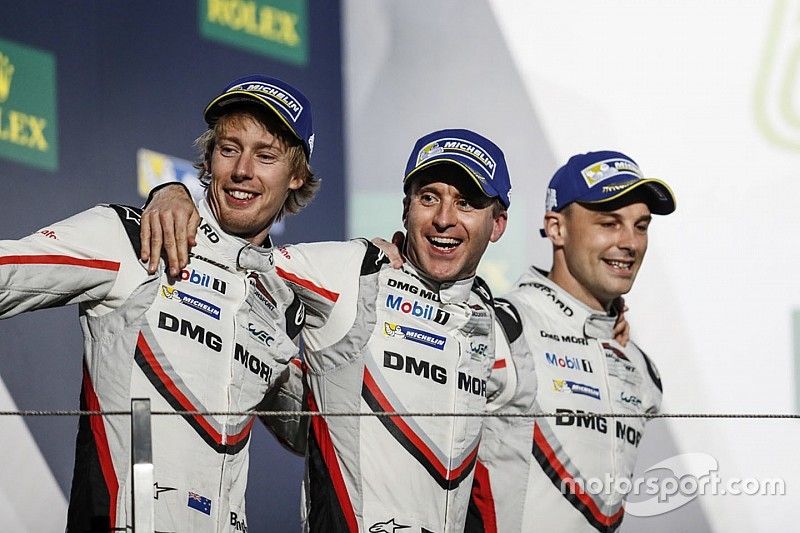 Podium: second place Timo Bernhard, Earl Bamber, Brendon Hartley, Porsche Team