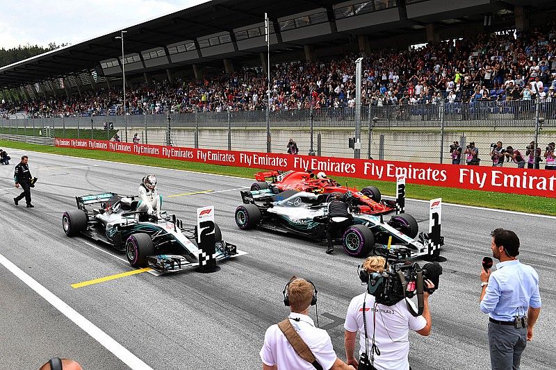 Lewis Hamilton, Mercedes-AMG F1 W09, Valtteri Bottas, Mercedes-AMG F1 W09 and Sebastian Vettel, Ferrari SF71H in parc ferme