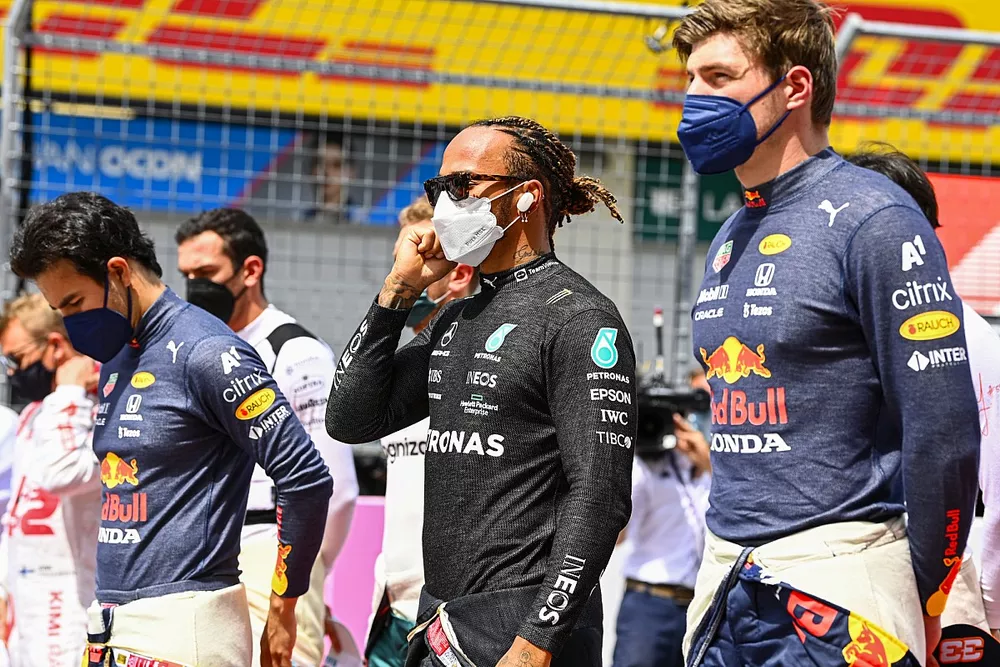 Sergio Perez, Red Bull Racing, Lewis Hamilton, Mercedes, en Max Verstappen, Red Bull Racing