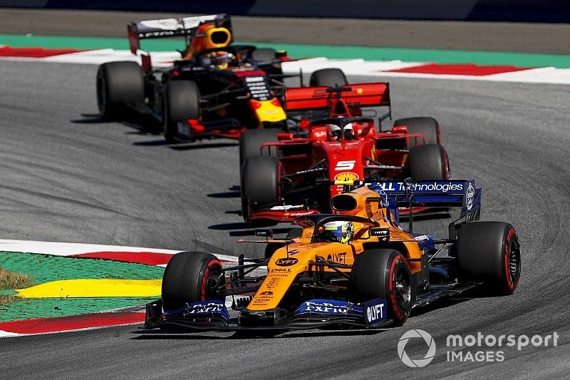 Lando Norris, McLaren MCL34 leads Sebastian Vettel, Ferrari SF90 and Max Verstappen, Red Bull Racing RB15 