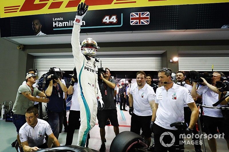 Lewis Hamilton, Mercedes AMG F1 W09 EQ Power+, celebrates after taking Pole Position