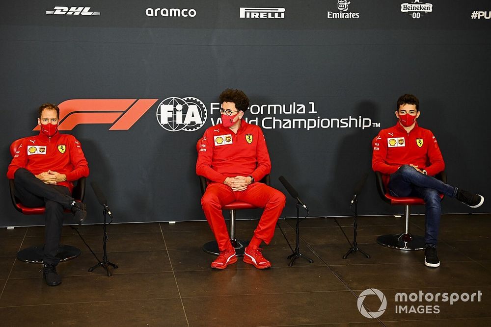 Sebastian Vettel, Ferrari, Mattia Binotto, Team Principal Ferrari, and Charles Leclerc, Ferrari, in a Press Conference