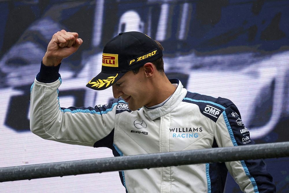 George Russell, Williams, 2nd position, celebrates on the podium