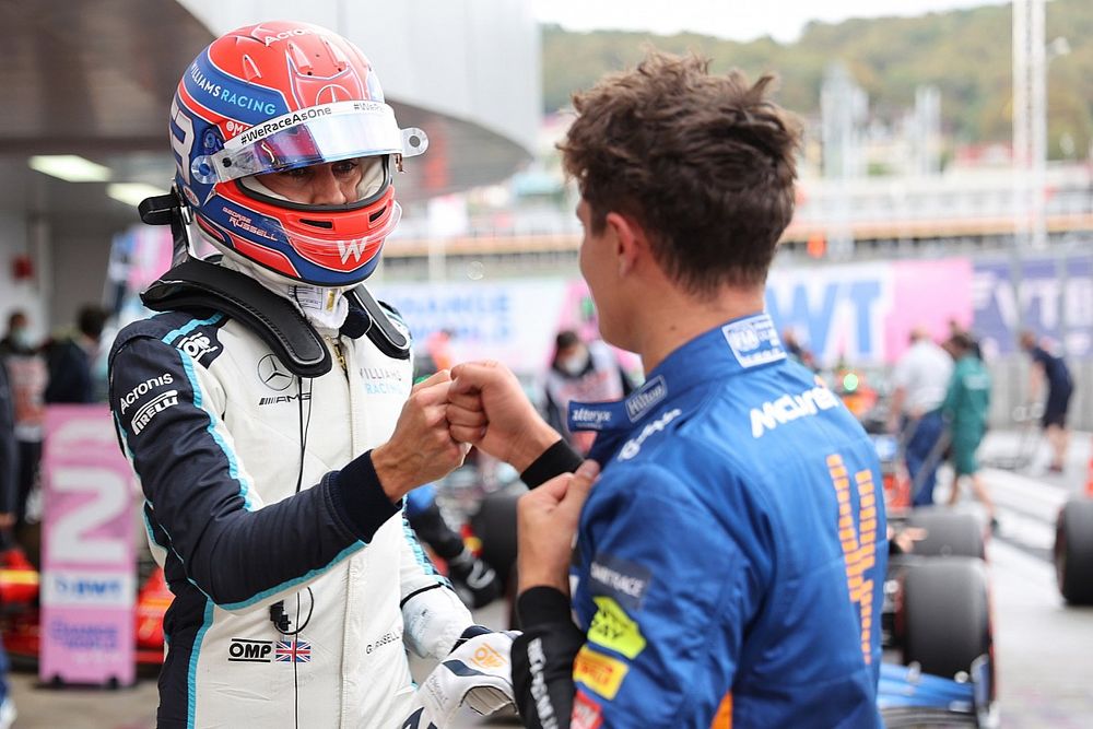 George Russell, Williams, congratulates pole man Lando Norris, McLaren