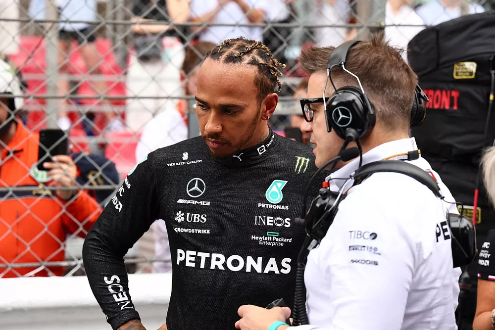 Lewis Hamilton, Mercedes-AMG, on the grid with his engineer
