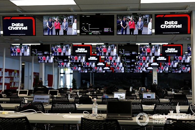 The empty press room during the press conference discussing the cancellation of the Australian Gran Prix