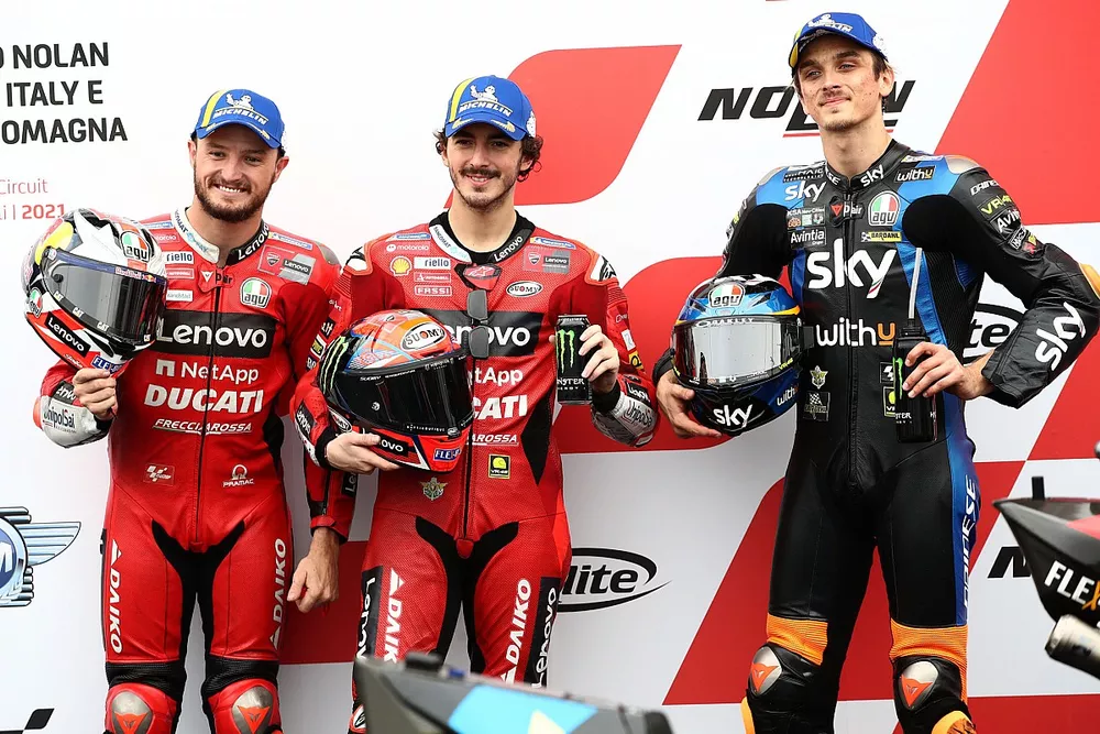 Polesitter Francesco Bagnaia, Ducati Team, second place Jack Miller, Ducati Team, third place Luca Marini, Esponsorama Racing