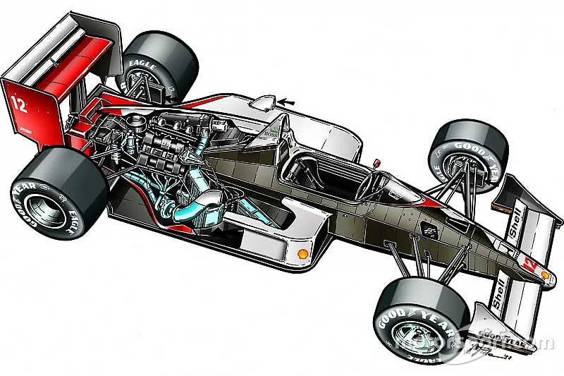 Ilustraci&oacute;n coloreada de Giorgio Piola del McLaren MP4/4