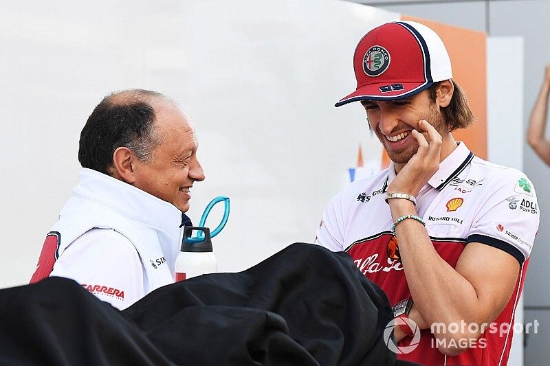 Frederic Vasseur, Team Principal, Alfa Romeo Racing, talks with Antonio Giovinazzi, Alfa Romeo Racing, in the paddock