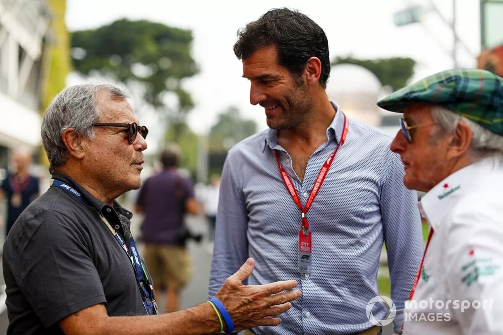 Sir Martin Sorrell, Mark Webber, presentator, en Sir Jackie Stewart, drievoudig F1-kampioen