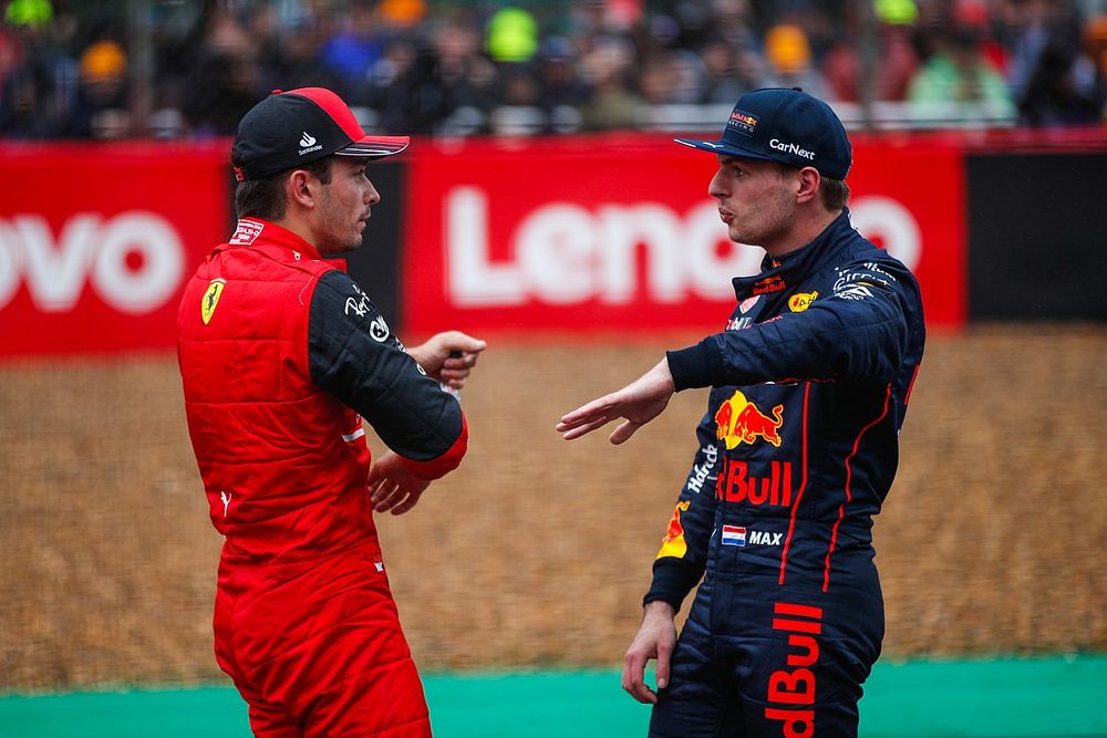 Charles Leclerc, Ferrari, talks to Max Verstappen, Red Bull Racing, after qualifying