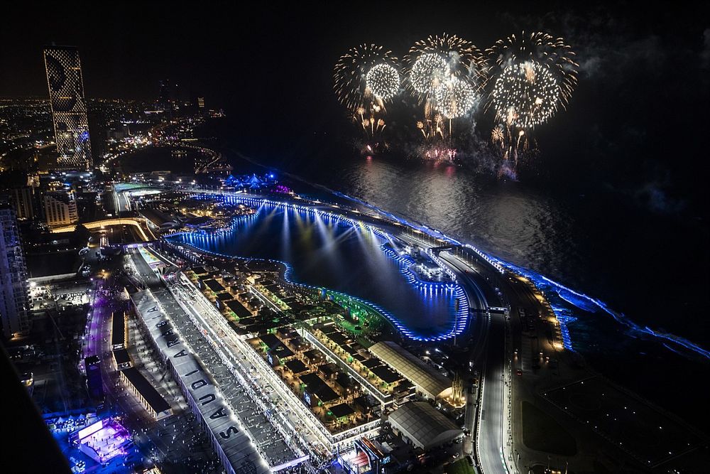 Fireworks light the sky at the end of the race