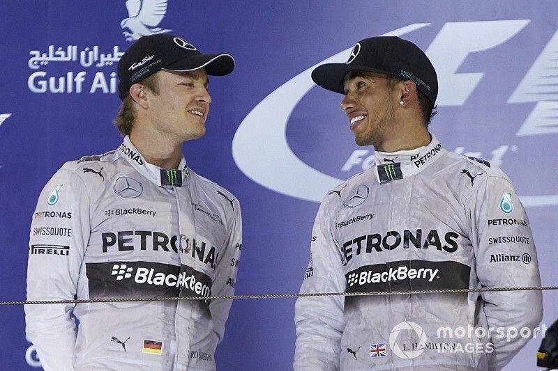 Podium: Second place Nico Rosberg, Mercedes AMG, and Race winner Lewis Hamilton, Mercedes AMG