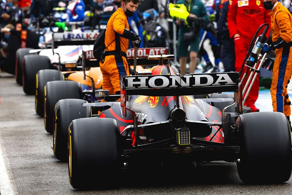 Sergio Perez, Red Bull Racing RB16B, in the pit lane