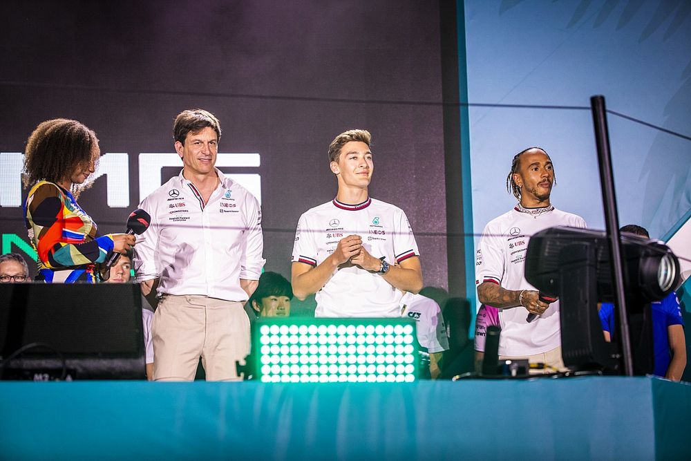 Naomi Schiff, Sky TV, Toto Wolff, Team Principal and CEO, Mercedes AMG, George Russell, Mercedes-AMG, Lewis Hamilton, Mercedes-AMG 