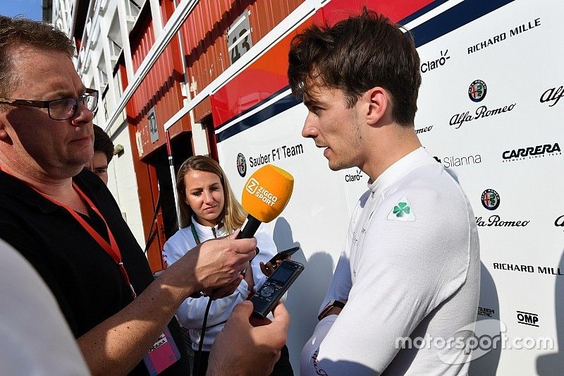 Charles Leclerc, Sauber talks with the media