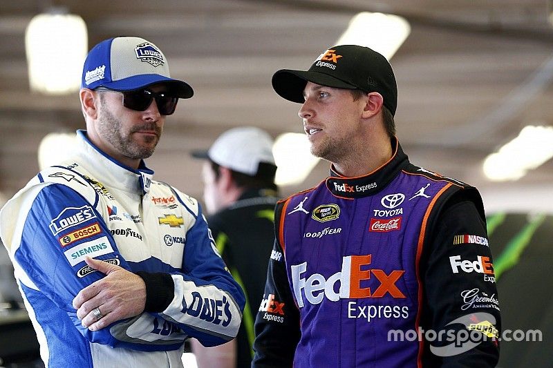 Jimmie Johnson, Hendrick Motorsports Chevrolet and Denny Hamlin, Joe Gibbs Racing Toyota