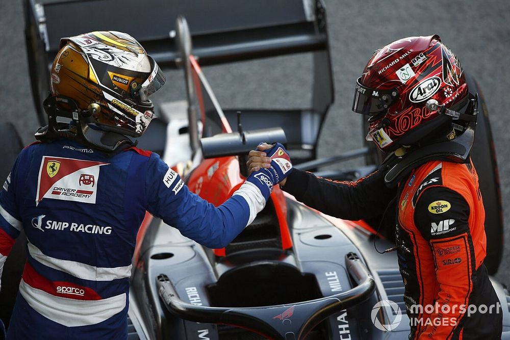 Race Winner Nobuharu Matsushita, MP Motorsport in Parc Ferme with Robert Shwartzman, Prema Racing 