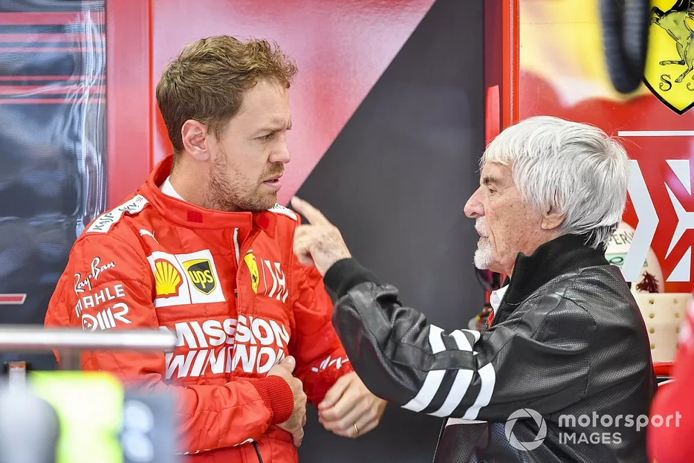 Sebastian Vettel, Ferrari, y Bernie Ecclestone, Presidente Emiritus de F&oacute;rmula 1