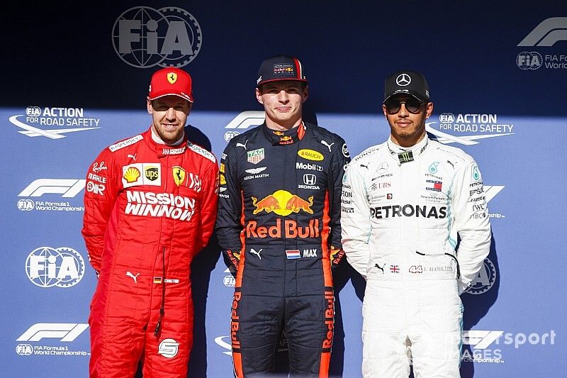 Sebastian Vettel, Ferrari, Pole Sitter Max Verstappen, Red Bull Racing and Lewis Hamilton, Mercedes AMG F1 in Parc Ferme 