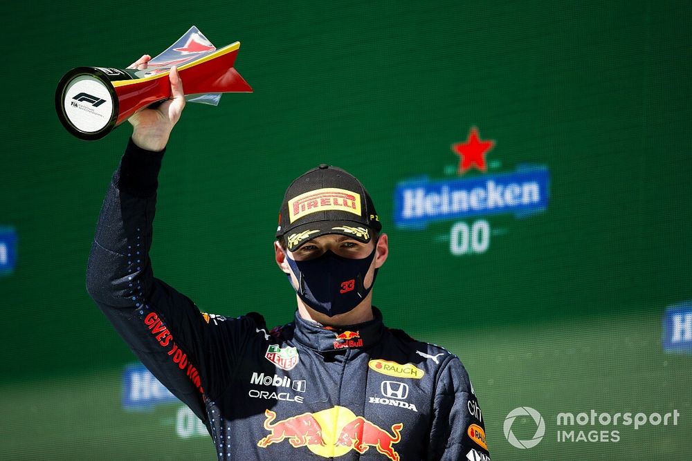 Max Verstappen, Red Bull Racing, 2nd position, with his trophy