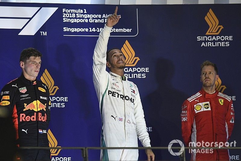 (L to R): Max Verstappen, Red Bull Racing, Lewis Hamilton, Mercedes AMG F1 and Sebastian Vettel, Ferrari celebrate on the podium 