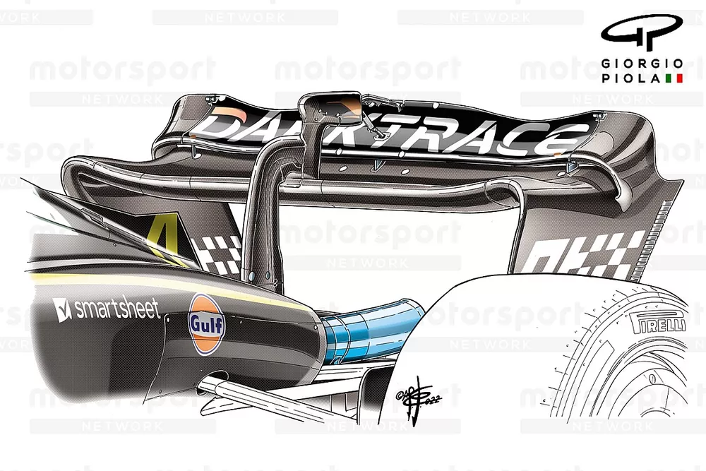 McLaren MCL36, dettaglio dell'ala posteriore, GP del Belgio