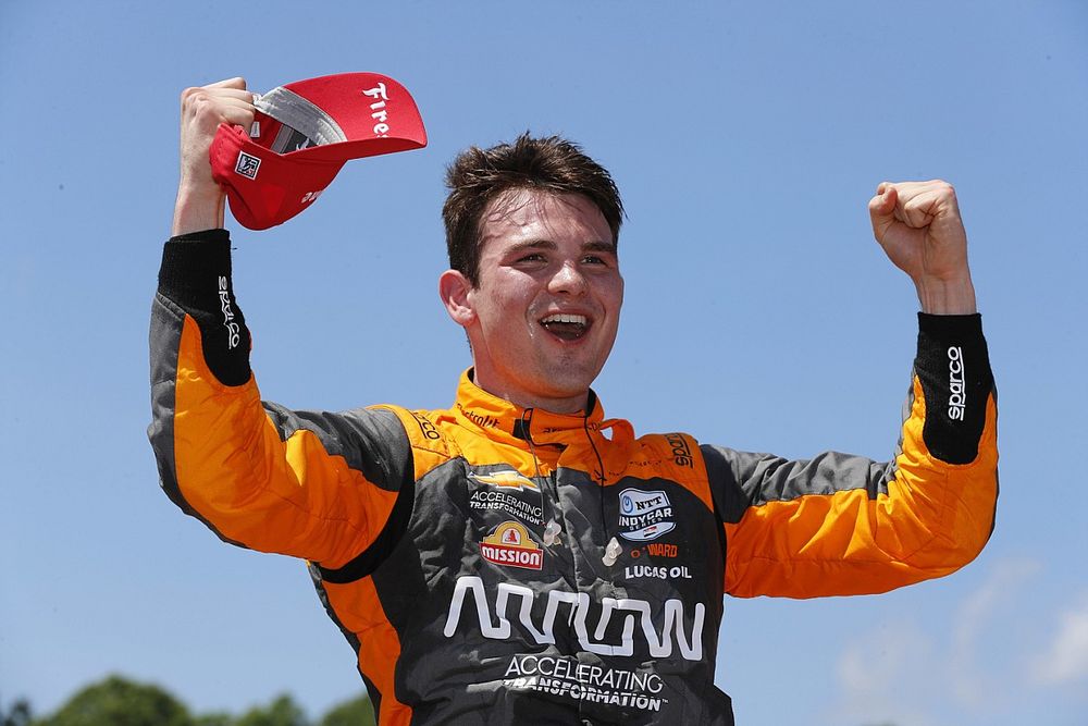 Ganador Patricio O'Ward, Arrow McLaren SP Chevrolet victory lane celebra