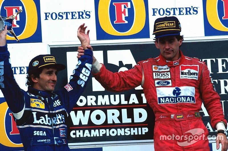 Podium : le vainqueur Ayrton Senna, McLaren, le second et Champion du monde Alain Prost, Williams