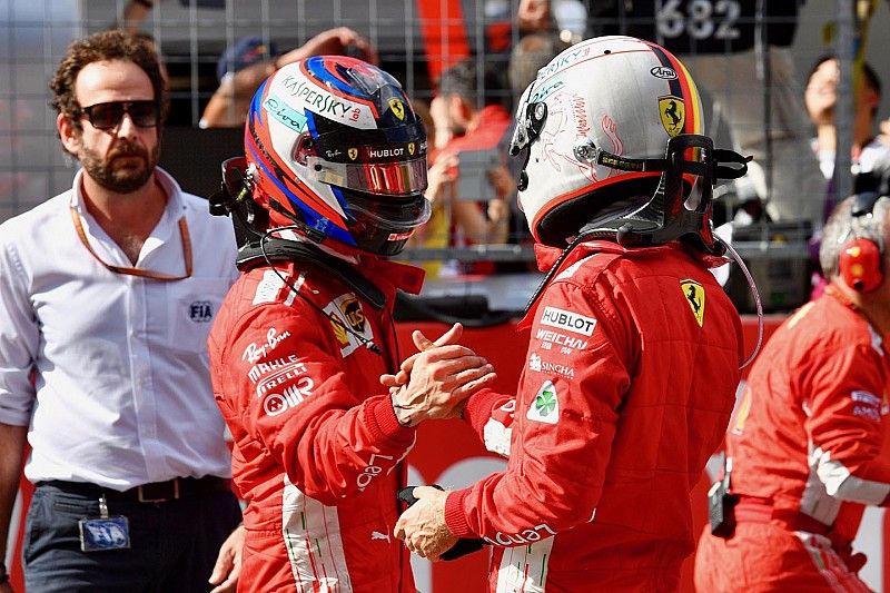 Kimi Raikkonen, Ferrari and Sebastian Vettel, Ferrari celebrate in parc ferme