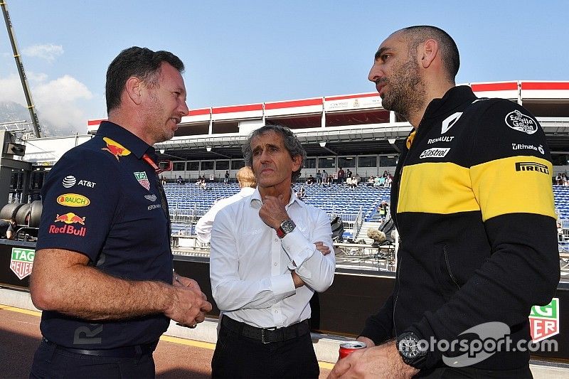 Christian Horner, Red Bull Racing Team Principal, Alain Prost, Renault Sport F1 Team Special Advisor and Cyril Abiteboul, Renault Sport F1 Managing Director